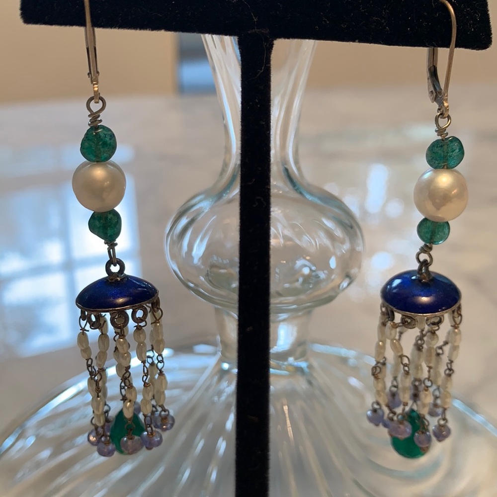 Bollywood enamel pearl green onyx earrings
